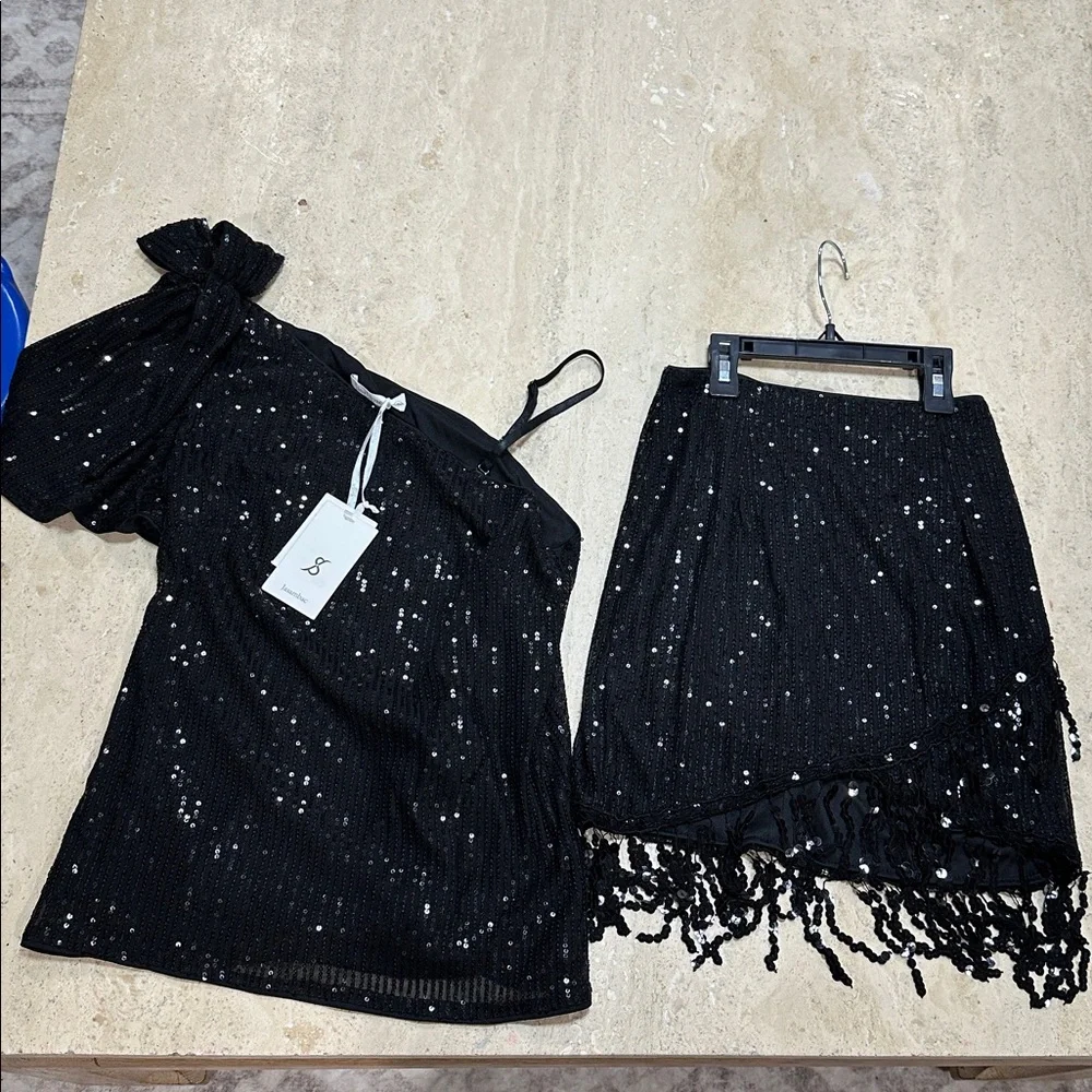 Elegant Sparkly Black Fringe Skirt and One Shoulder Matching Top NWT Size S‎ - Picture 4 of 6